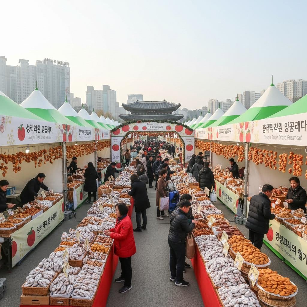 상주 곶감축제 행사장 전경과 다양한 곶감 부스