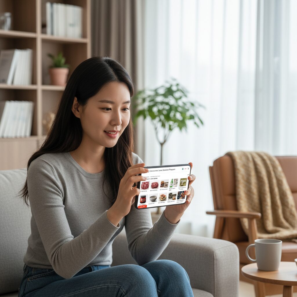 스마트폰으로 고향사랑기부제 답례품 목록을 보고 있는 모습