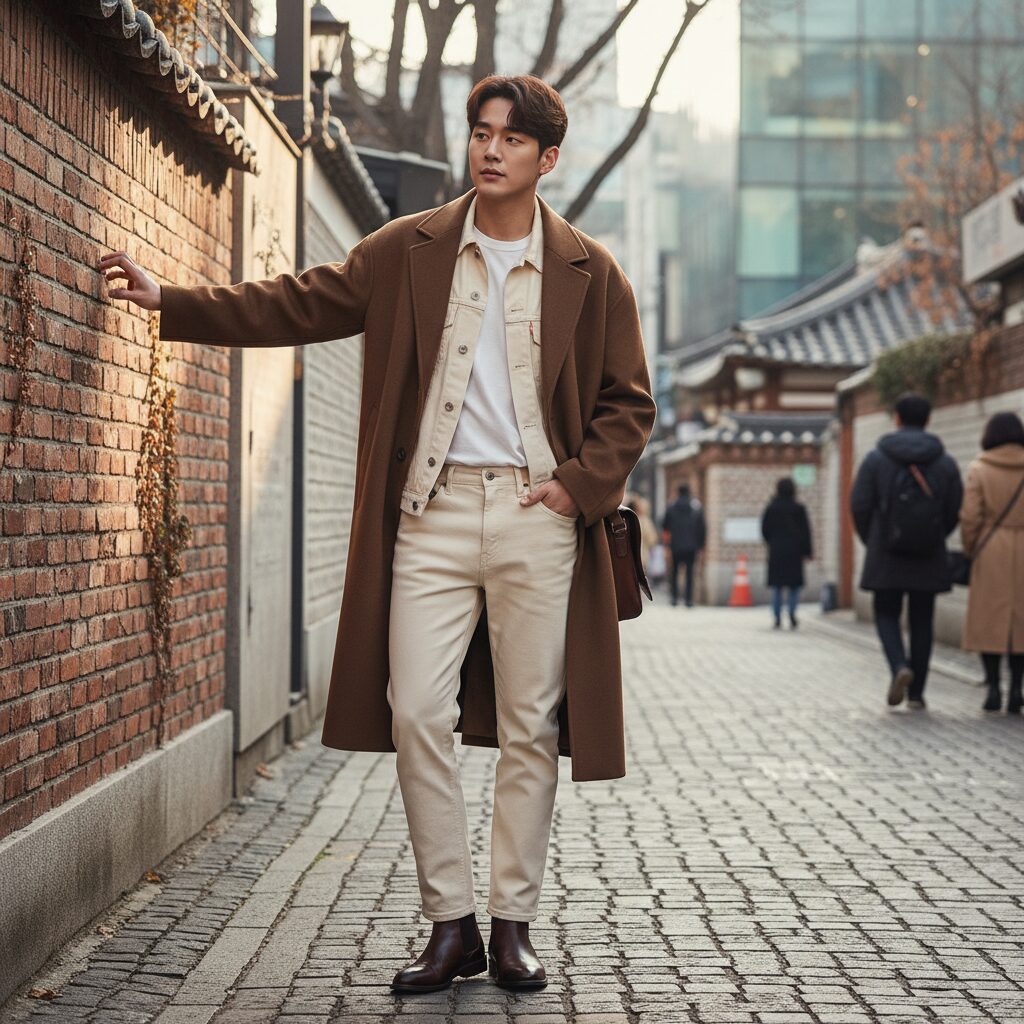 브라운 송지오 랩코트를 입고 크림색 데님과 첼시부츠를 매치한 남성 코디