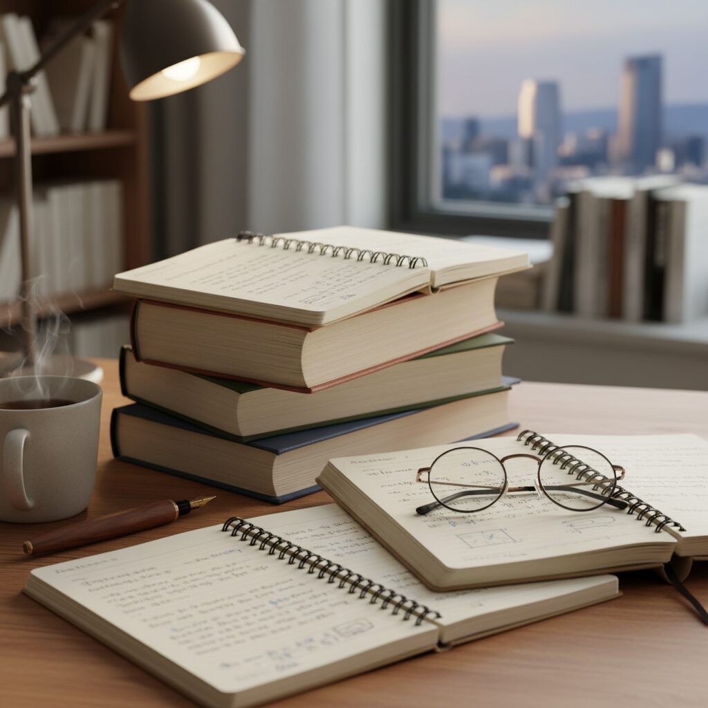 독서 노트와 책이 함께 쌓여 있는 모습