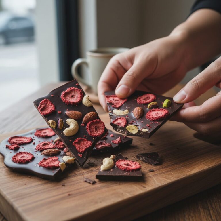 다크초콜릿에 건조 딸기와 견과류가 들어간 바크 초콜릿이 손으로 잘려 있음