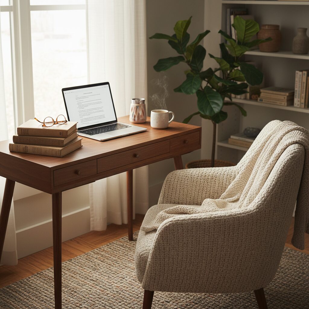 노트북과 책, 커피가 놓인 아늑한 독서 공간 이미지