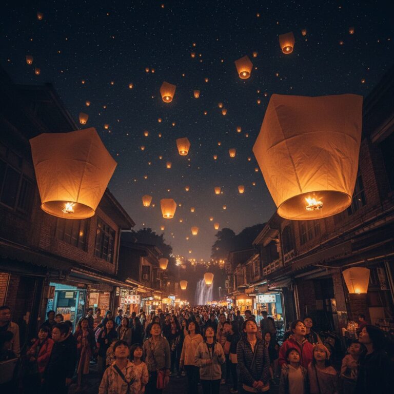 대만 핑시에서 밤하늘에 수많은 천등이 떠오르는 장면, 등롱절 축제