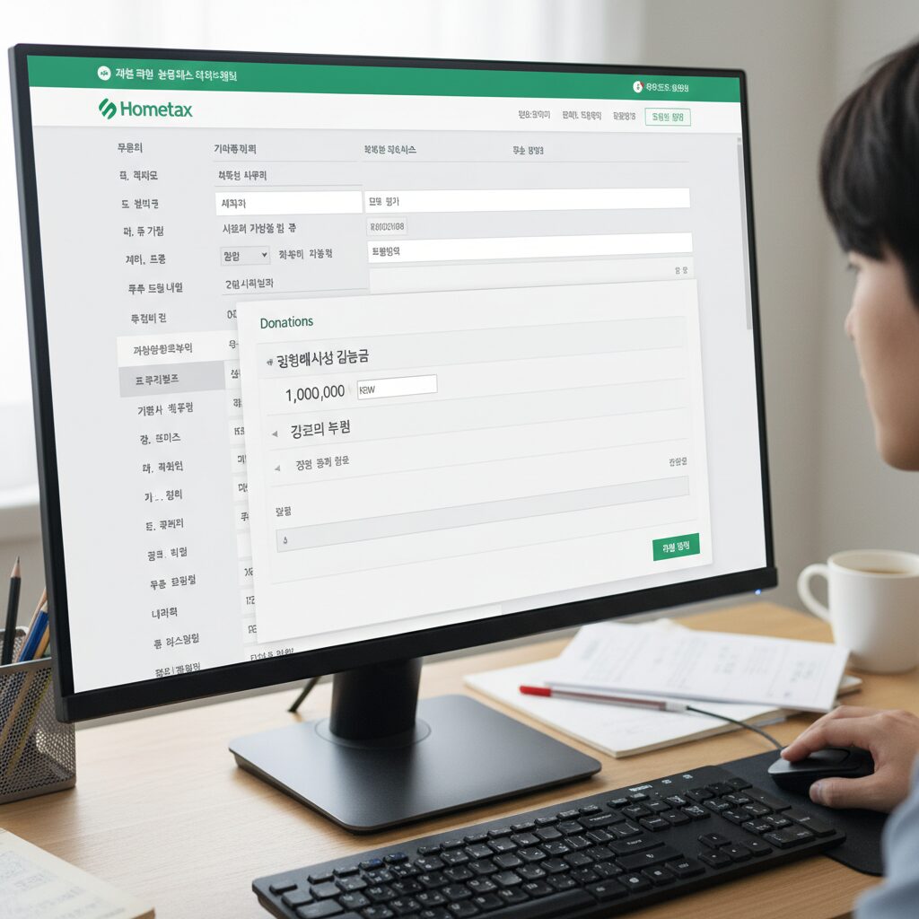 홈택스 화면에서 고향사랑기부금 항목이 자동 입력된 모습