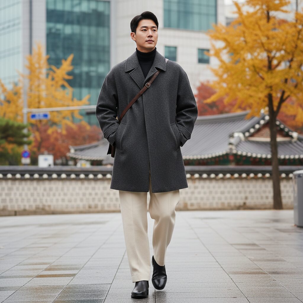 타임옴므 발마칸 코트에 두툼한 슬랙스와 첼시부츠를 매치한 데일리 룩