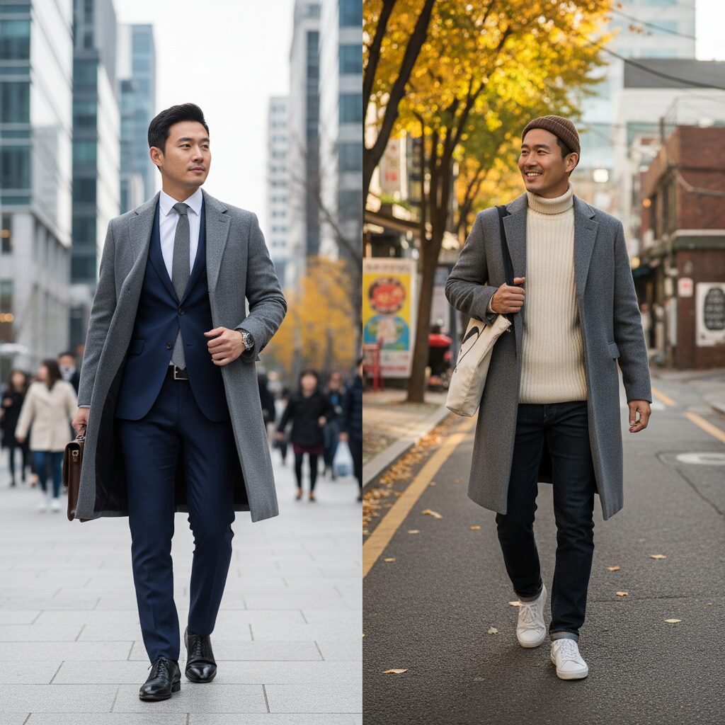 트래드클럽 베이직 롱코트를 정장과 캐주얼하게 각각 매치한 스타일