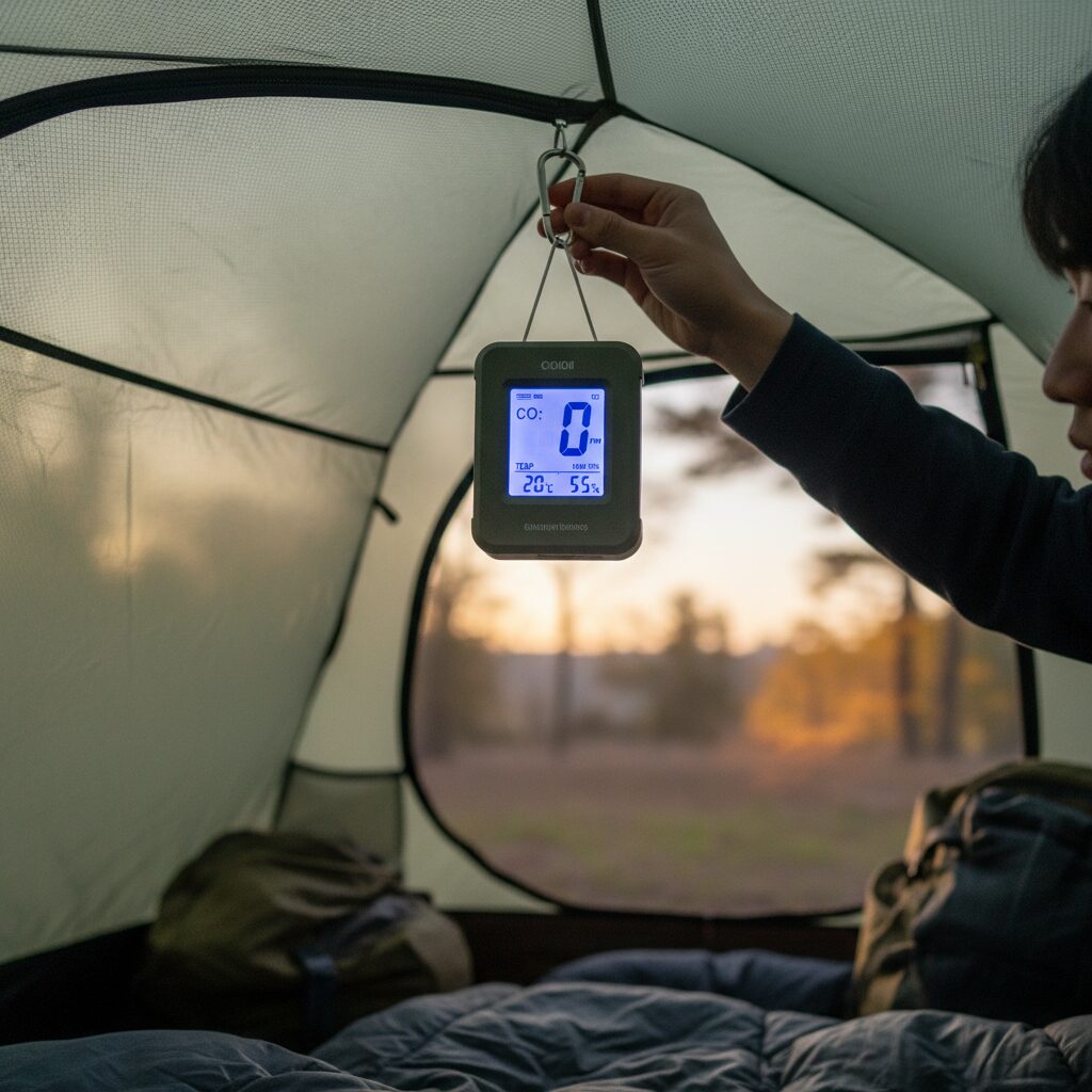 텐트 안 천장에 걸려 있는 카키색 일산화탄소 경보기, 화면에 일산화탄소 농도와 온도 습도가 표시됨