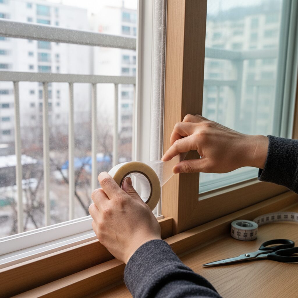 창문 단열을 위해 문풍지를 붙이고 있는 손