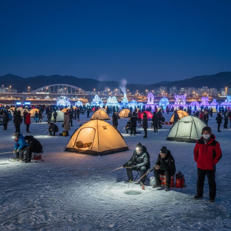 화천 산천어축제 밤낚시와 야간 조명이 아름다운 겨울 밤 풍경
