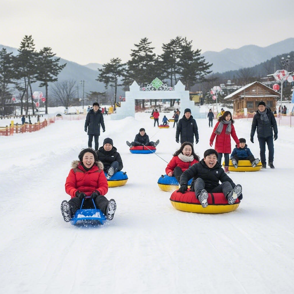평창 송어축제 눈썰매와 튜빙 즐기는 모습