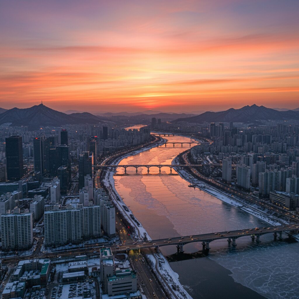 겨울 노을 지는 하늘을 배경으로 한 드론 촬영 영상 스틸