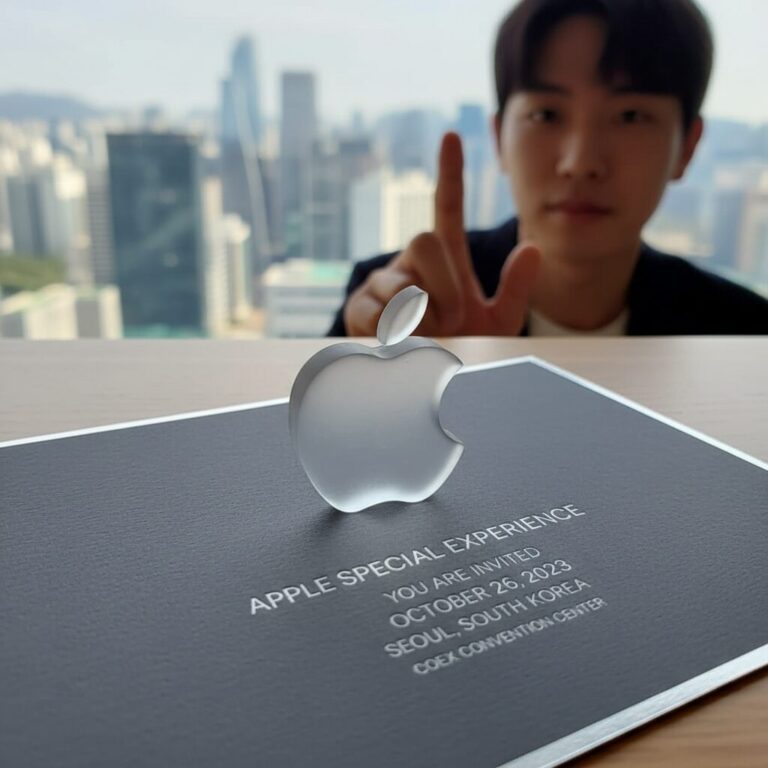 애플 스페셜 익스피리언스 초대장에 사용된 3D 애플 로고 이미지
