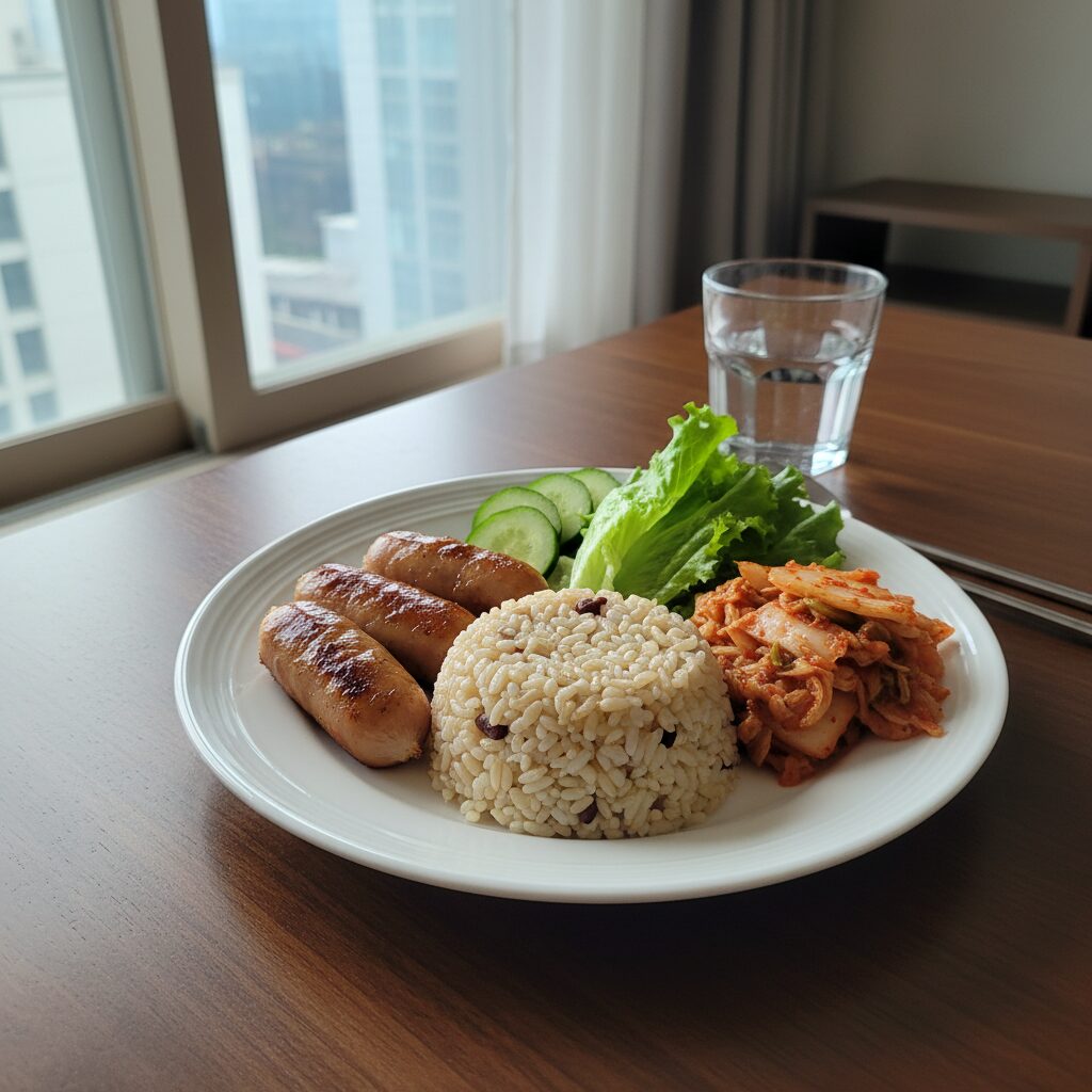 접시에 담긴 닭가슴살 소시지와 현미밥 김치로 구성된 건강한 한 끼 식사