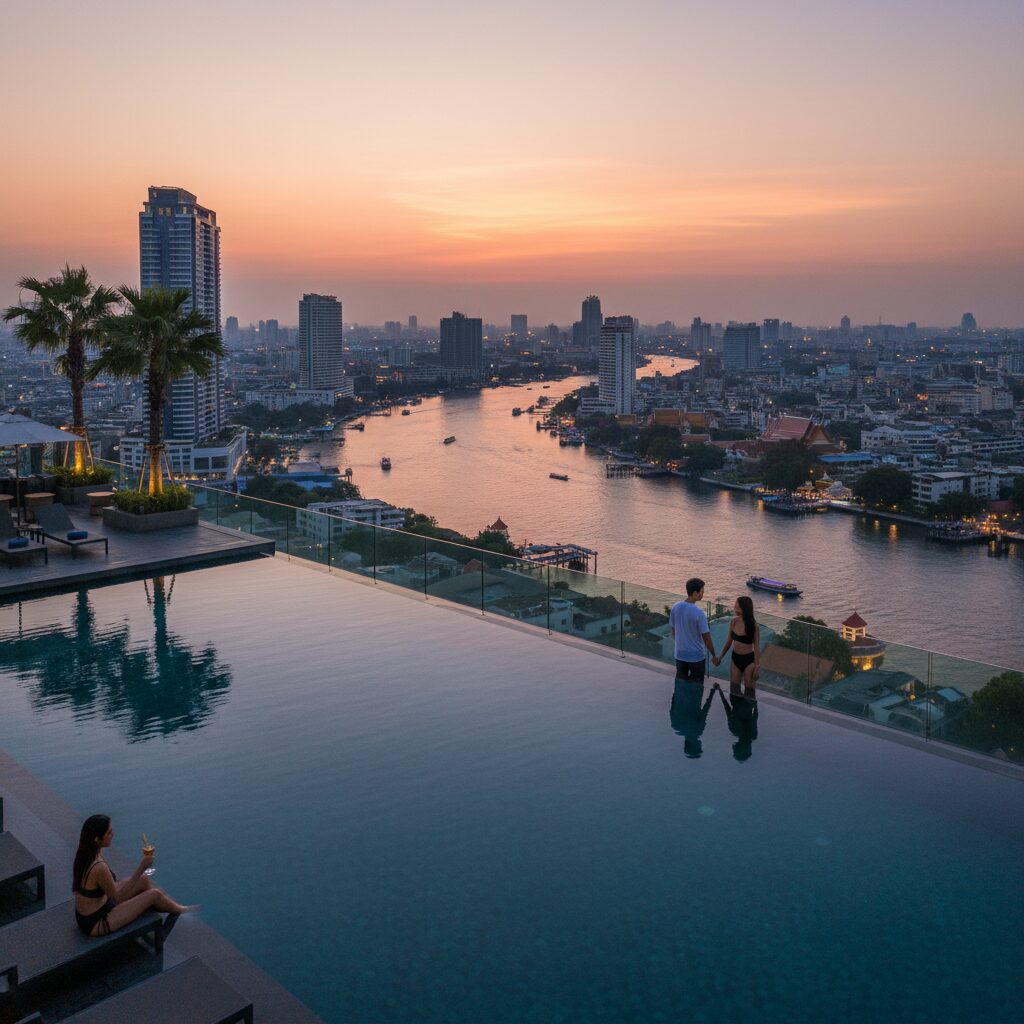 아바니 플러스 리버사이드 방콕 호텔의 루프탑 인피니티 풀과 짜오프라야 강 전망