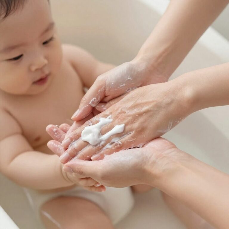 아기 목욕 후 보습제를 발라주는 엄마의 손
