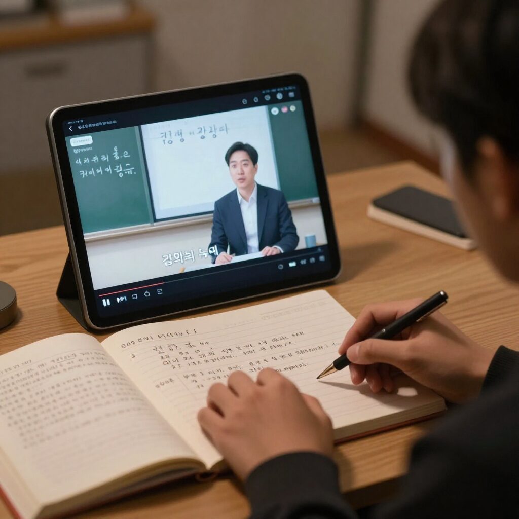 베이직탭이 책상 위에 놓여 있고 화면에는 강의 영상이 재생되고 있다