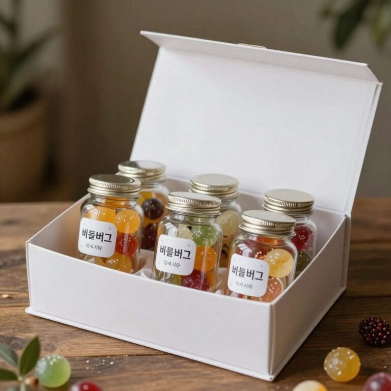 화이트데이 기프트 박스와 함께 놓인 비틀버그 수제사탕 병 세트