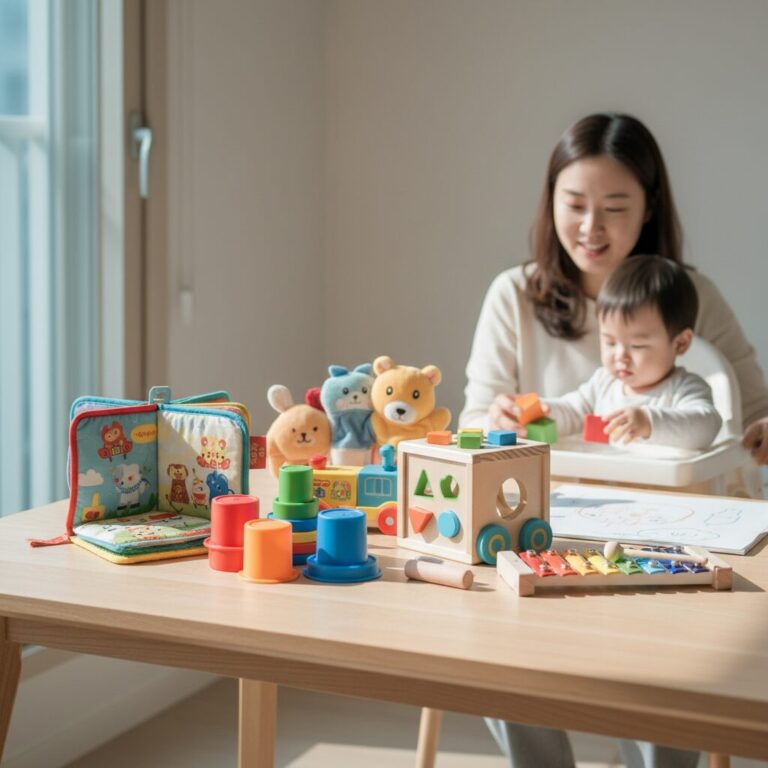 블루래빗 다중 지능 발달 놀잇감 구성품들이 테이블 위에 놓여 있는 모습