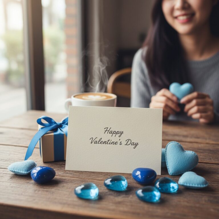 발렌타인데이 카드와 푸른색 하트 장식 이미지