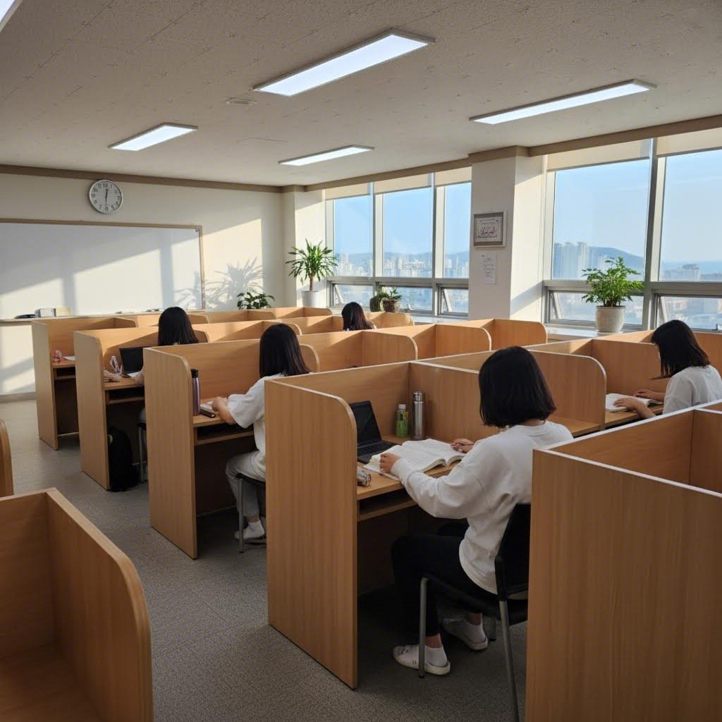 해운대 독학재수학원 내부의 조용하고 밝은 자습실 모습