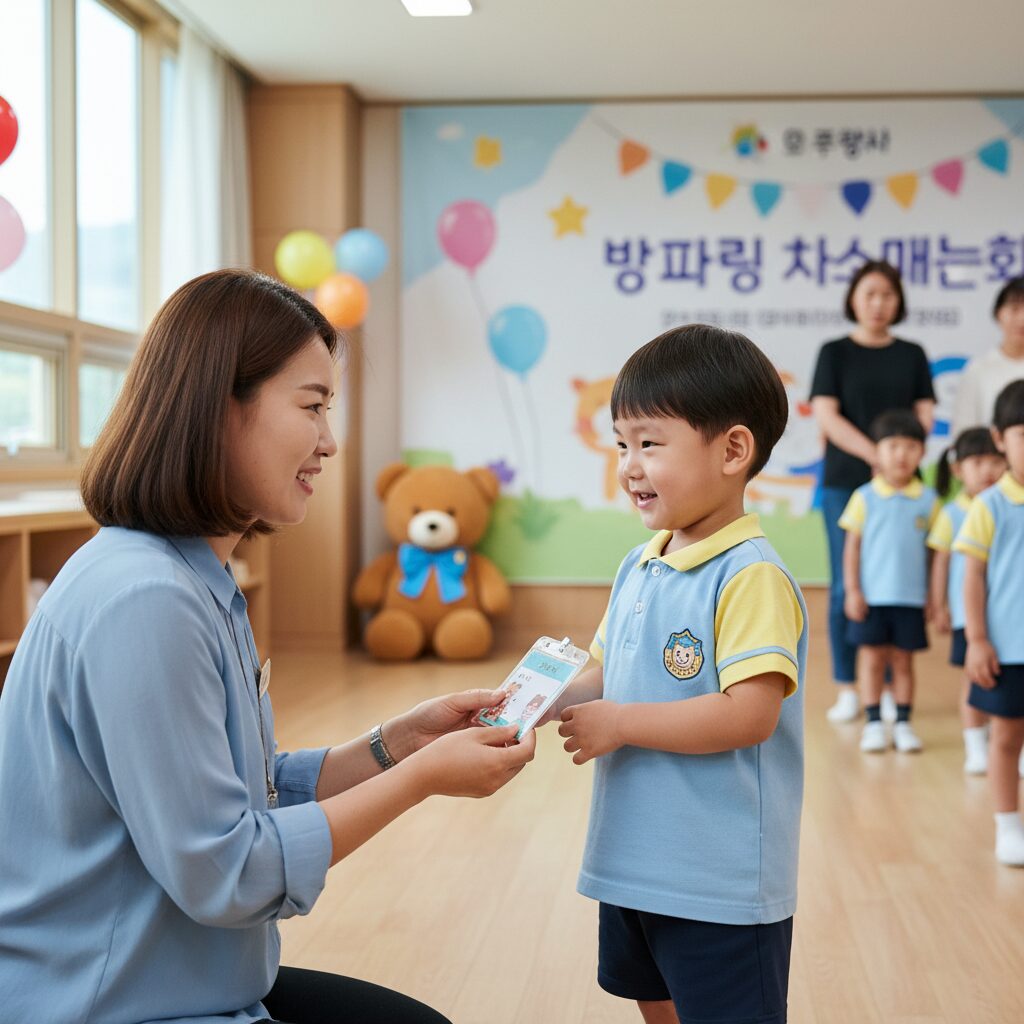 병설유치원 입학식 현장에서 아이가 이름표를 받고 있는 모습