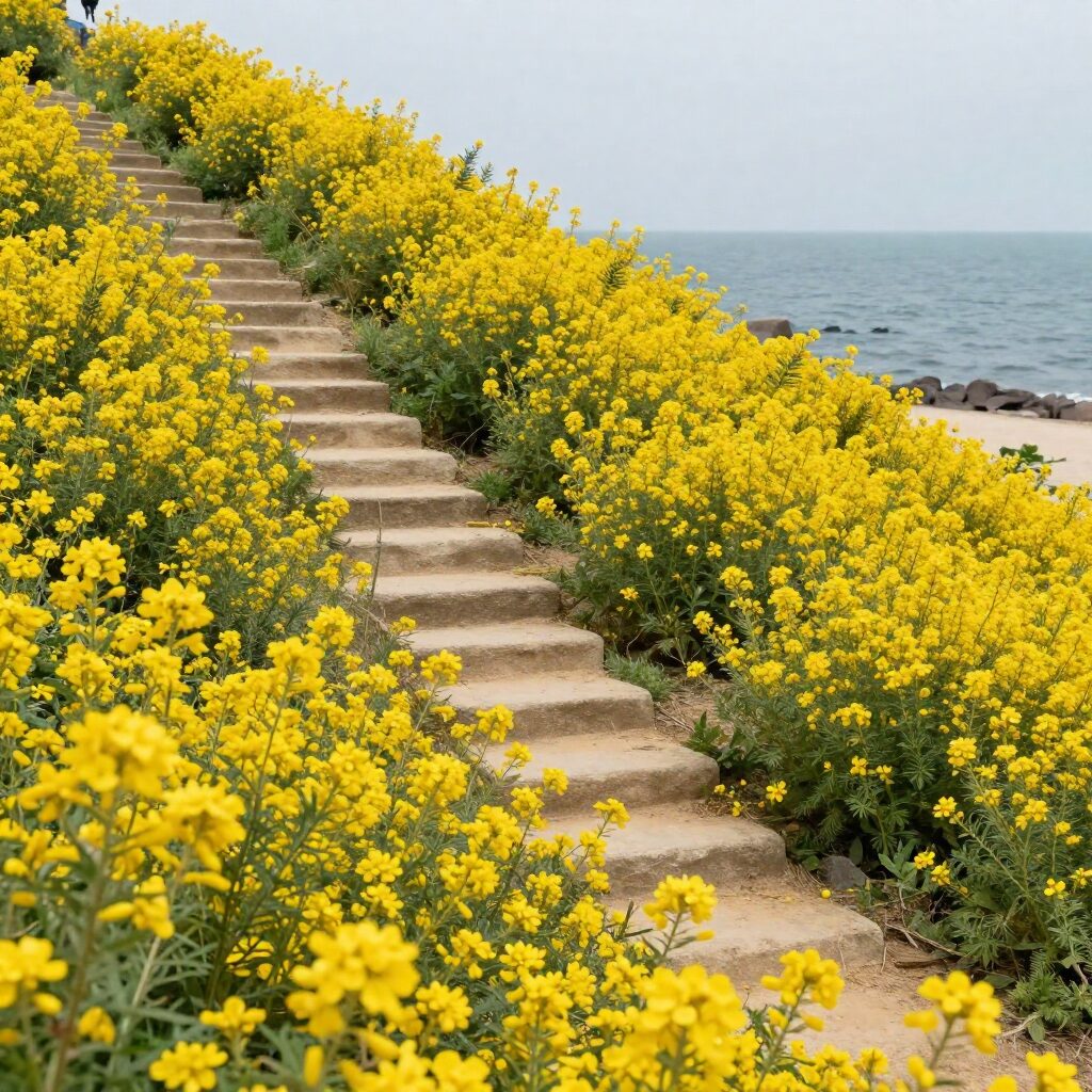 청산도 서편제 촬영지 계단식 논과 바다를 배경으로 핀 노란 유채꽃밭 풍경