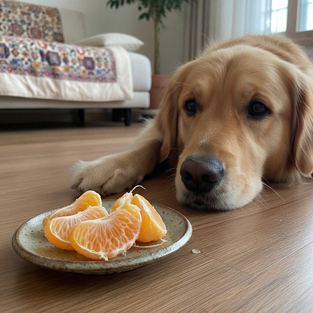 강아지 옆에 놓인 껍질을 벗긴 천혜향 과육 몇 조각
