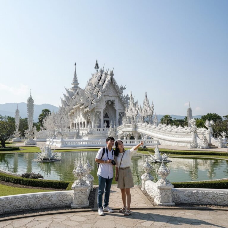 태국 치앙라이에 위치한 백색사원의 눈부신 하얀 외관과 독특한 건축물