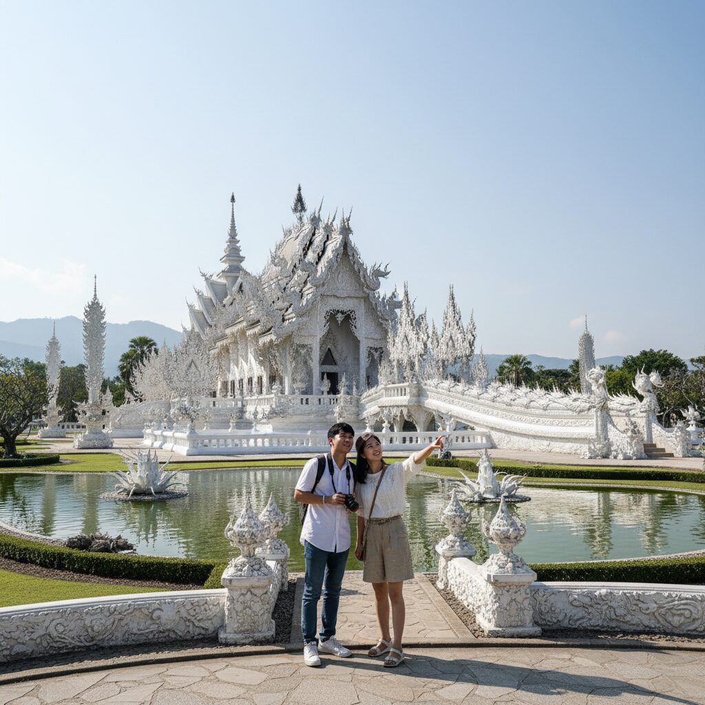 태국 치앙라이에 위치한 백색사원의 눈부신 하얀 외관과 독특한 건축물