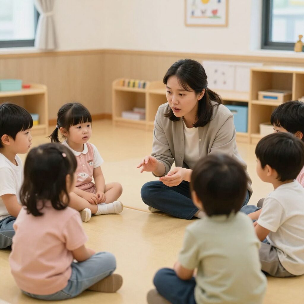 어린이집에서 선생님과 이야기를 나누는 부모와 아이가 미소 지으며 앉아 있는 모습