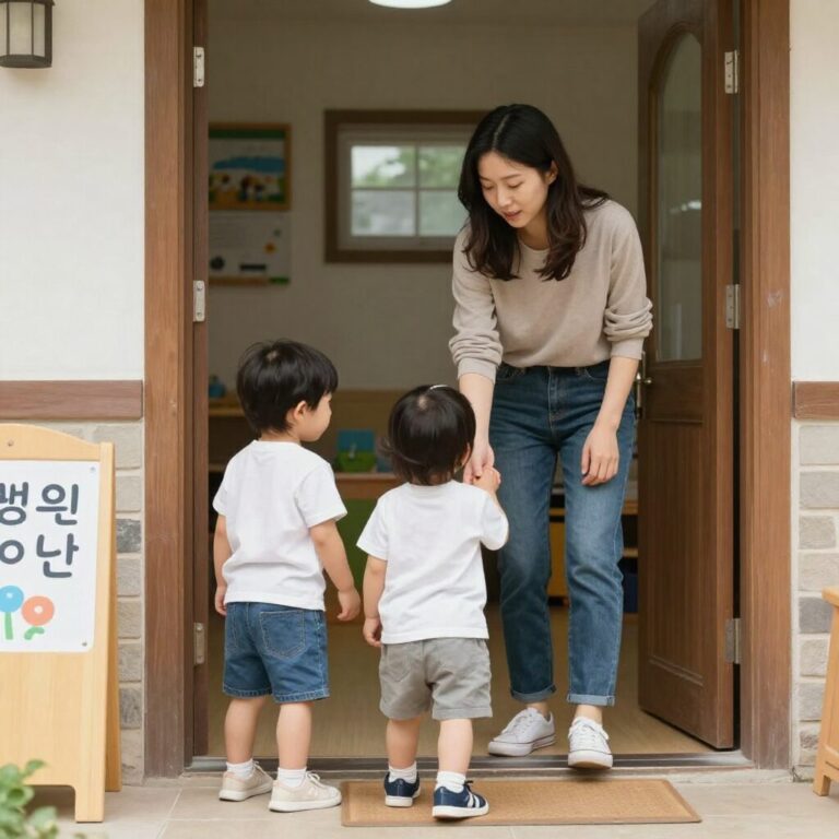 어린이집 입구에서 엄마와 아기가 헤어지는 모습