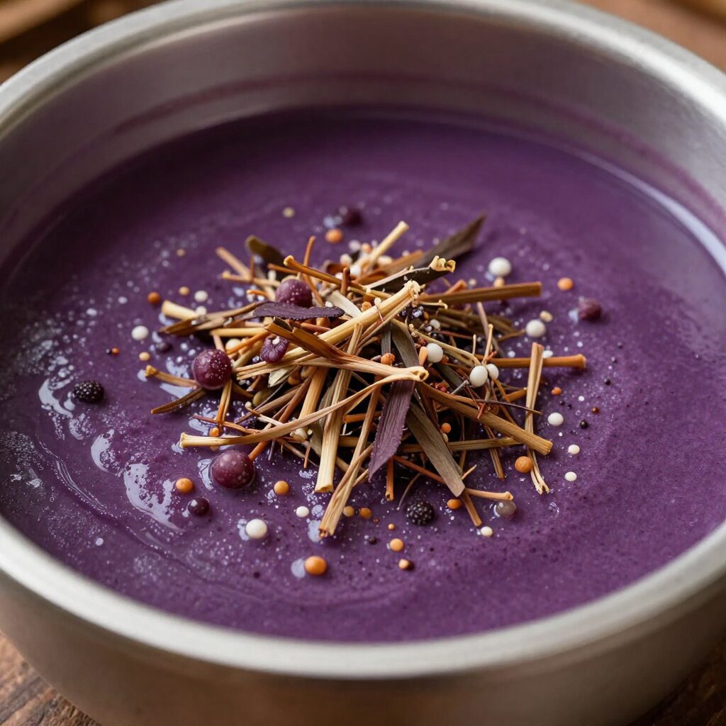 데쳐서 물기를 뺀 유채나물이 보라색 체반에 담겨 있다