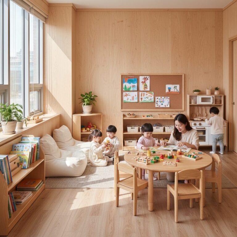 우드톤으로 꾸며진 유치원 교실 환경 구성 예시
