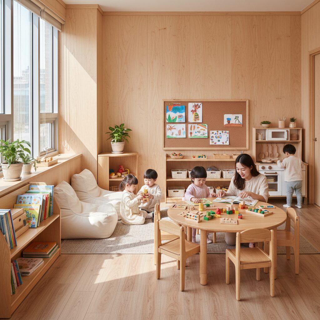 우드톤으로 꾸며진 유치원 교실 환경 구성 예시