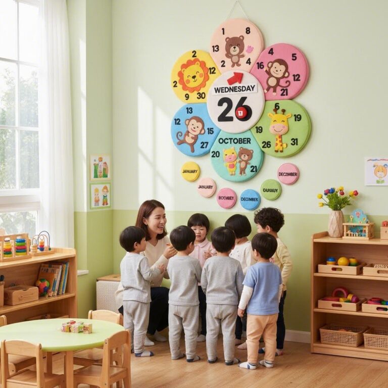 유치원 교실에 꽃잎 모양 날짜판이 걸려 있는 모습, 동물 캐릭터와 숫자가 함께 배치됨