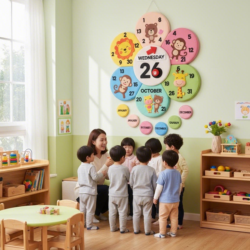 유치원 교실에 꽃잎 모양 날짜판이 걸려 있는 모습, 동물 캐릭터와 숫자가 함께 배치됨