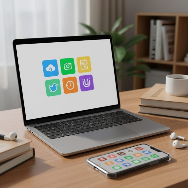 노트북과 스마트폰 화면에 다양한 대학생 필수 앱 아이콘이 표시되어 있는 이미지