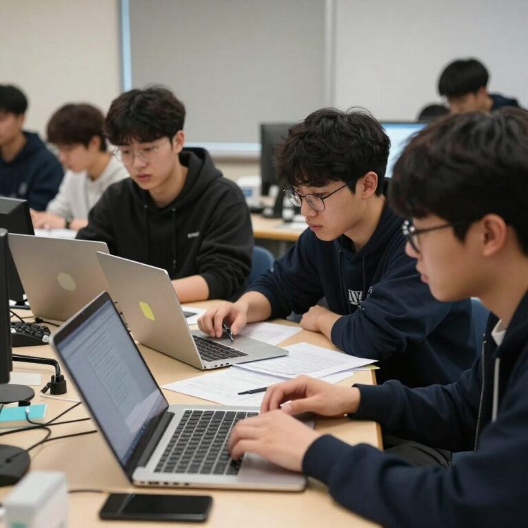 노트북 앞에서 졸업작품을 논의하는 컴퓨터공학과 학생들