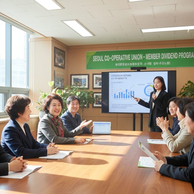 협동조합 조합원이 이용고배당금 설명을 들으며 미소 짓는 모습