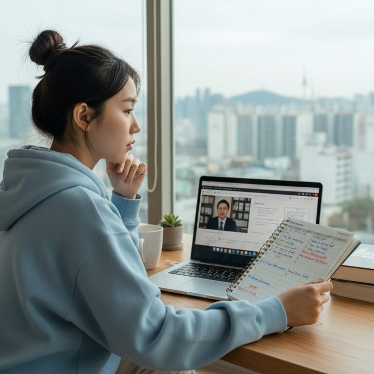 노트북으로 온라인 강의를 들으며 계획표를 확인하는 모습