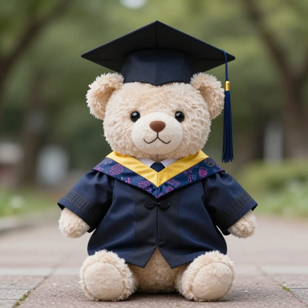맞춤 제작된 졸업 가운을 입은 대학교 마스코트 인형