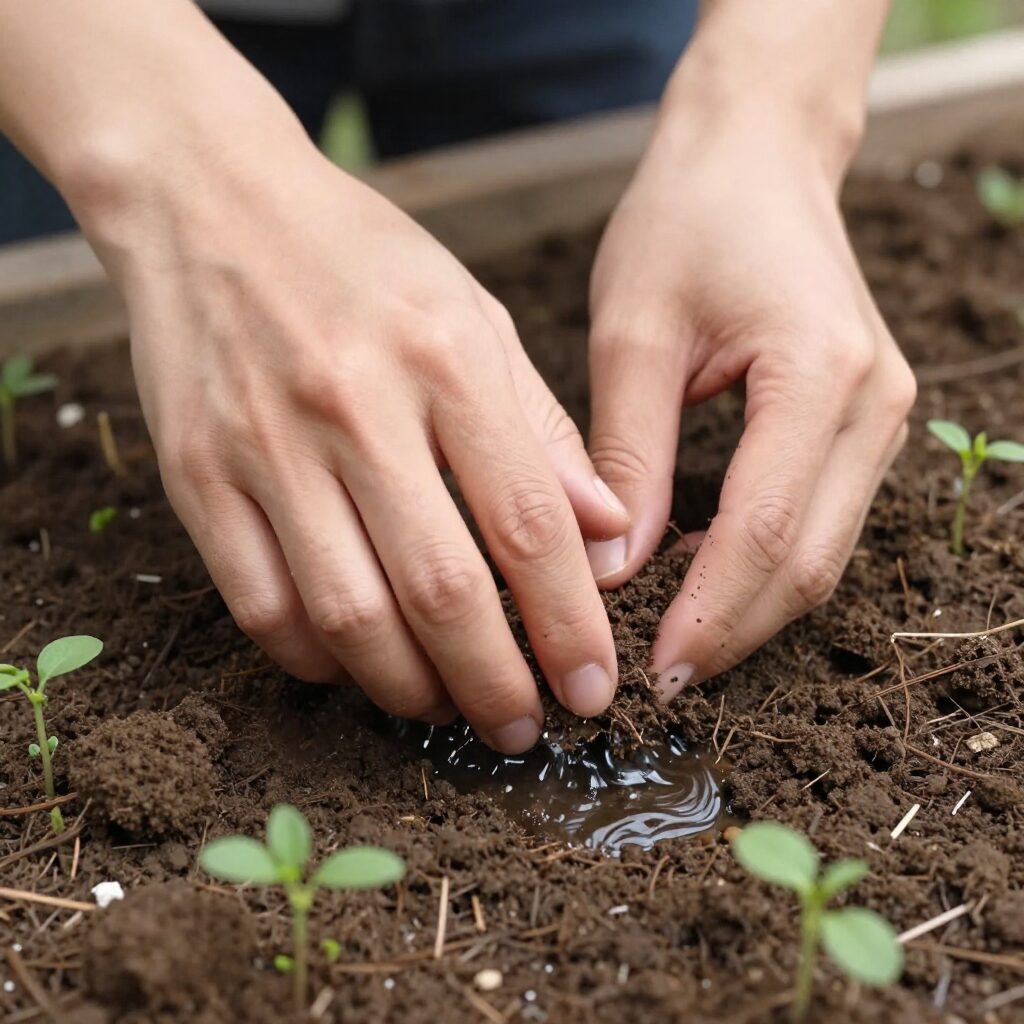 천리향 키우기와 향기로운 꽃 피우는 방법 천리향 화분에 물을 주는 모습, 속흙 마름 확인을 위해 손가락으로 흙을 만지고 있음