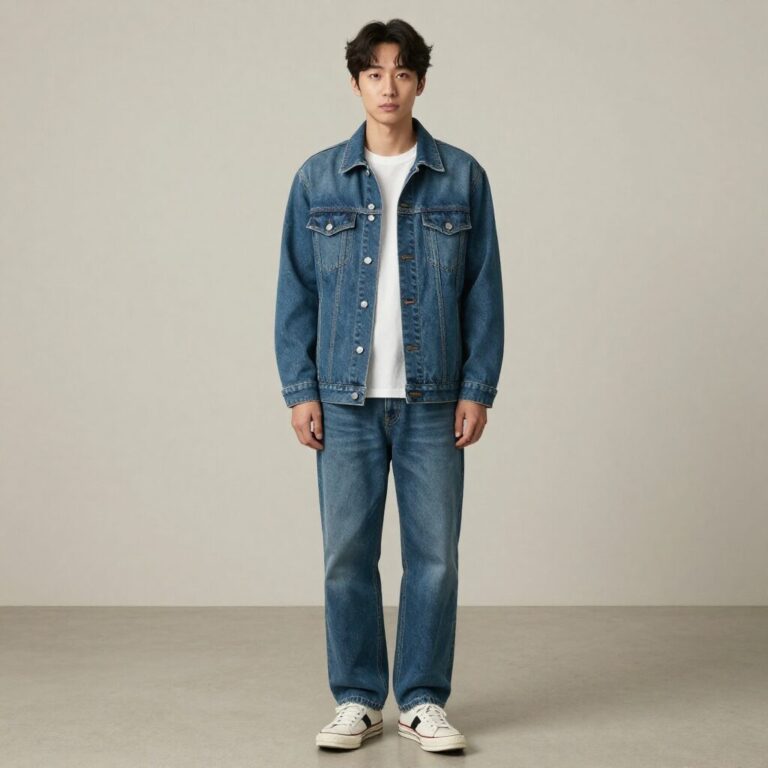 청자켓과 데님 팬츠를 매치한 캐주얼 일상 룩