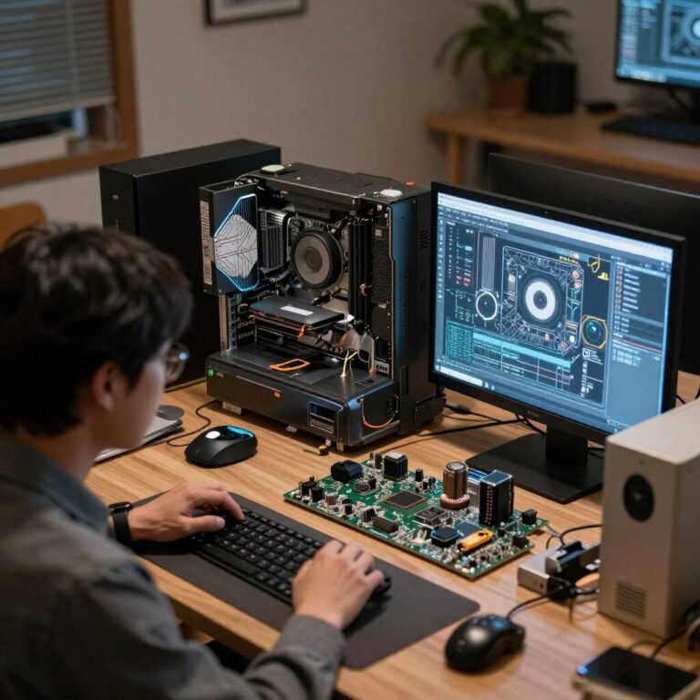 데스크탑 컴퓨터의 주요 부품들이 정리되어 배열된 모습
