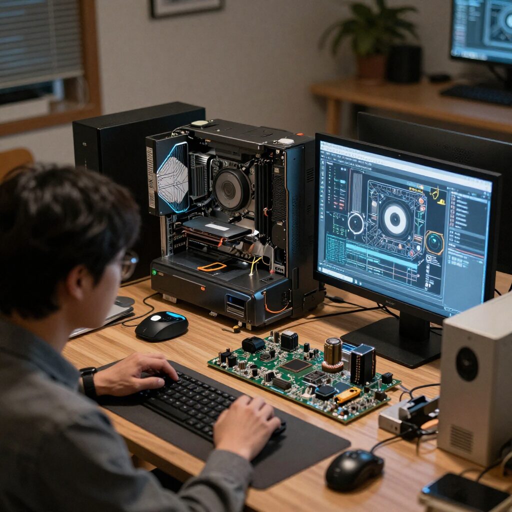 데스크탑 컴퓨터의 주요 부품들이 정리되어 배열된 모습