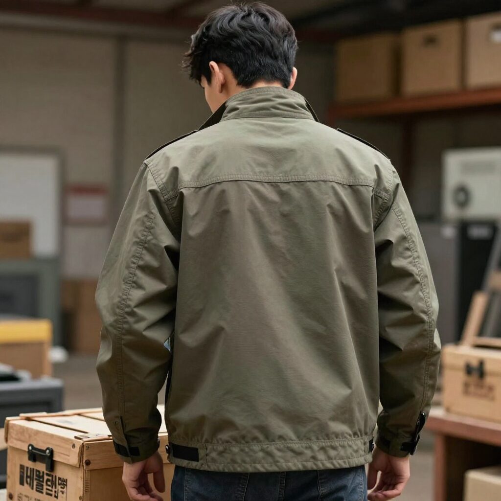 디월트 헤리티지 워크 자켓을 입은 남성의 뒷모습으로 공구박스 영감을 받은 절개 디테일이 보인다
