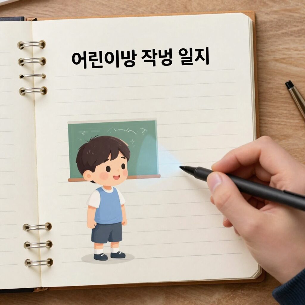 어린이집 적응 일지 예시가 적힌 노트와 연필 사진