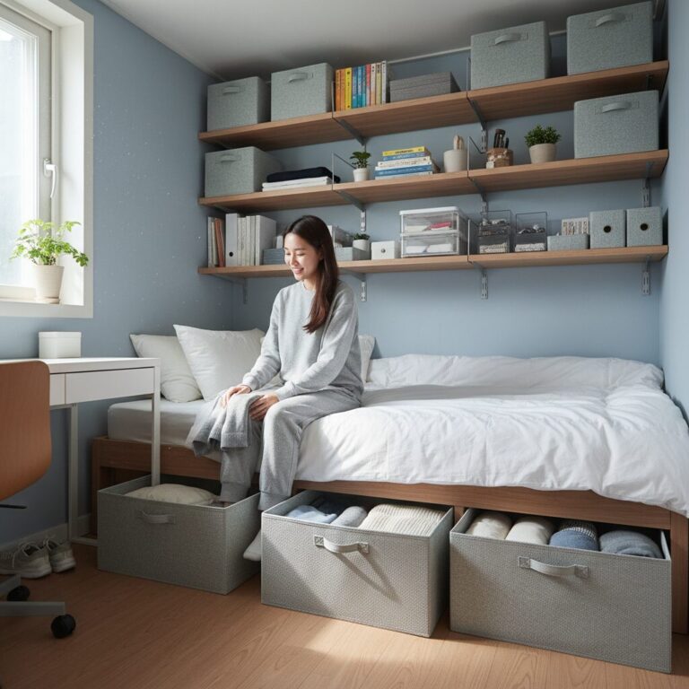좁은 자취방을 위한 수납 아이디어로 벽 선반과 침대 밑 수납을 보여주는 사진