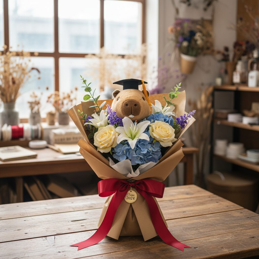 학사모를 쓴 카피바라 인형과 조화로 만든 졸업식 꽃다발 완성품 사진