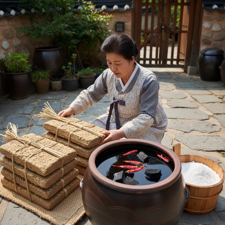 된장 담그기 준비된 메주 소금물 항아리 참숯 건고추